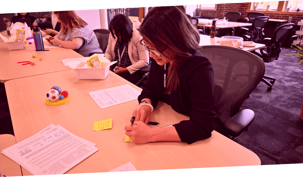 Teachers around a table in a workshop.